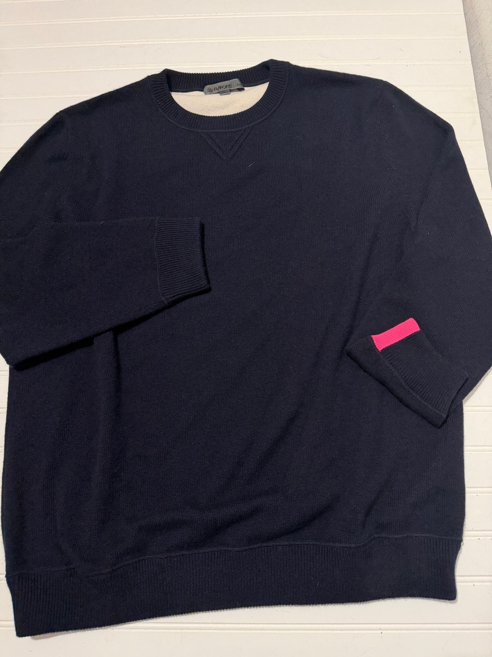 G/FORE Men's XXL Navy Blue 100% Cashmere Crewneck Sweater w/ Pink Contrast Cuff